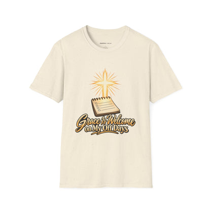 Graphic fitness T-shirt featuring the "Grace Is Welcome on My Off Days" design.