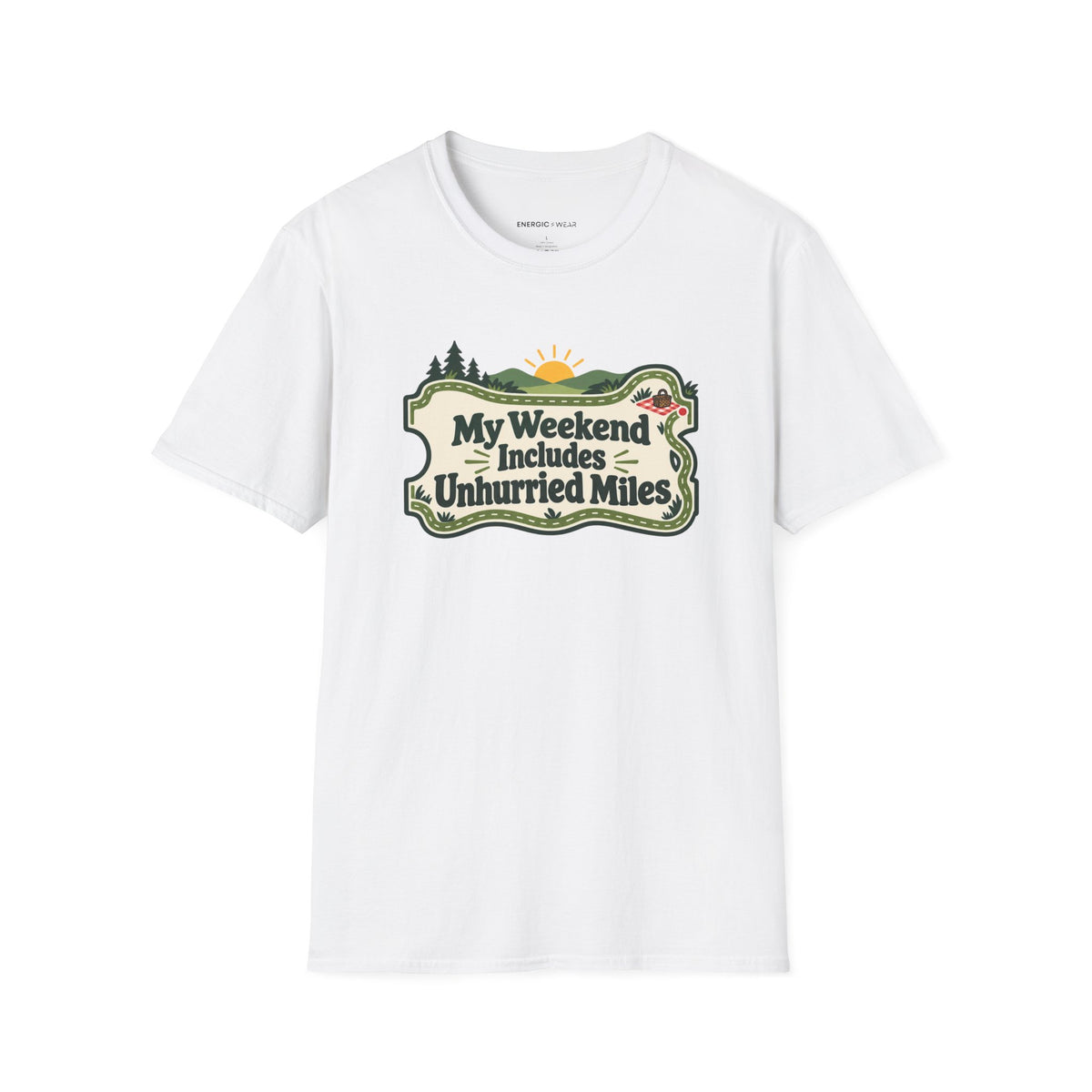 Graphic fitness T-shirt featuring the "My Weekend Includes Unhurried Miles" design.