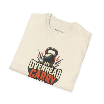 Graphic fitness T-shirt featuring the "My Overhead Carry Has Presence" design.