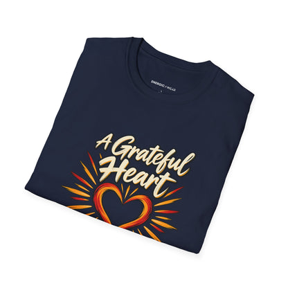 Graphic fitness T-shirt featuring the "A Grateful Heart Can Train Fiercely" design.