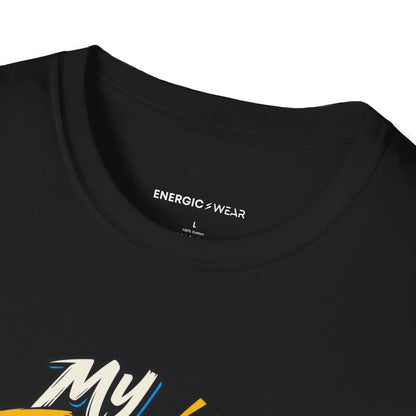 Graphic fitness T-shirt featuring the "My Energy Can Lift the Room" design.