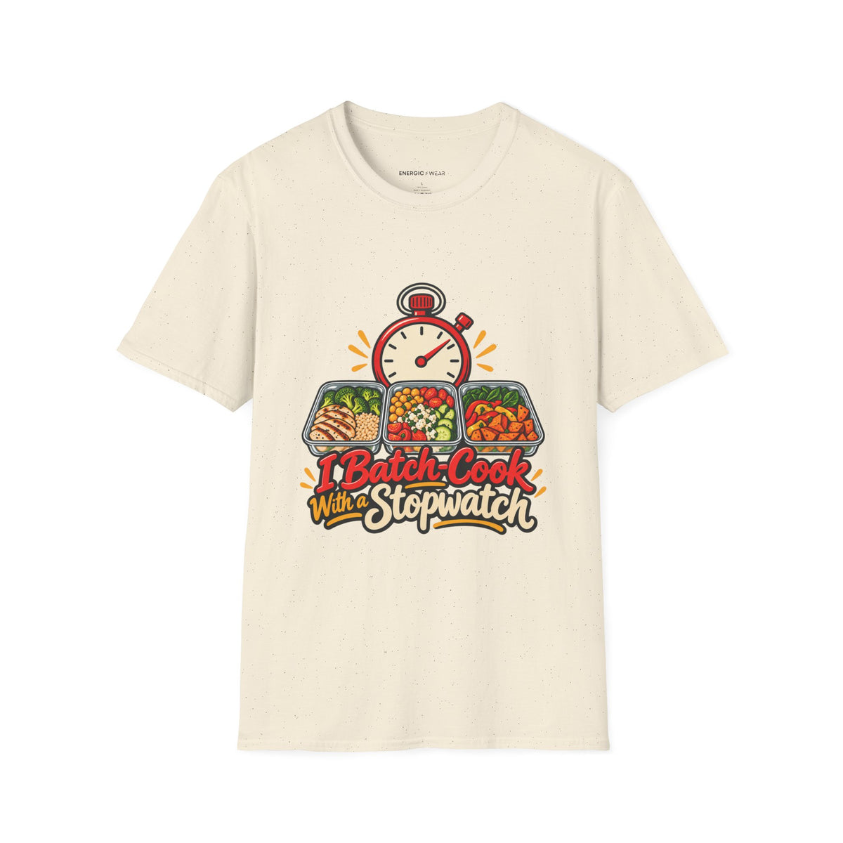 Graphic fitness T-shirt featuring the "I Batch-Cook with a Stopwatch" design.