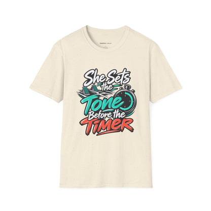 Graphic fitness T-shirt featuring the "She Sets the Tone Before the Timer" design.