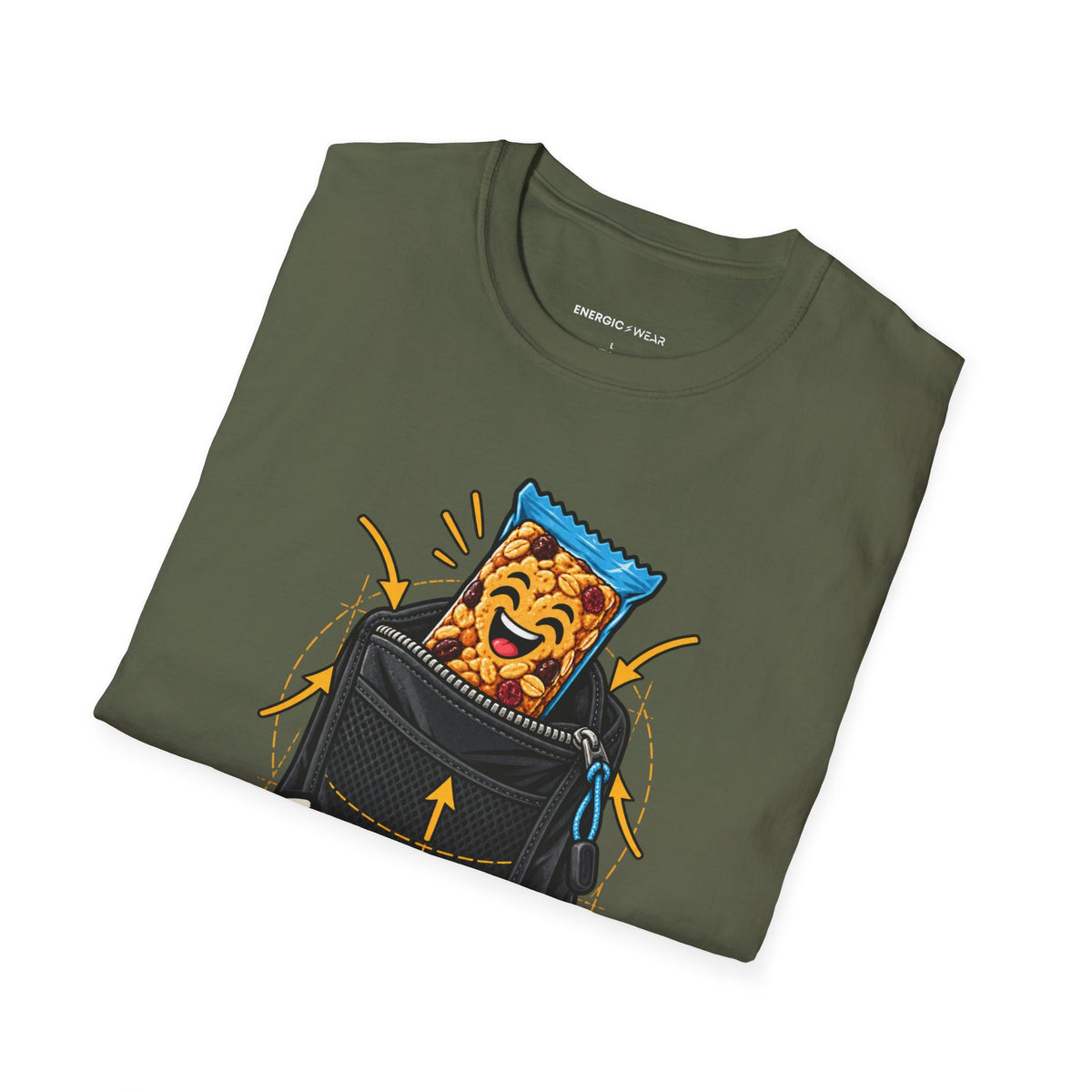 Graphic fitness T-shirt featuring the "The Snack Pocket Is Essential Equipment" design.