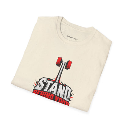 Graphic fitness T-shirt featuring the "Stand Behind Your Lockout" design.