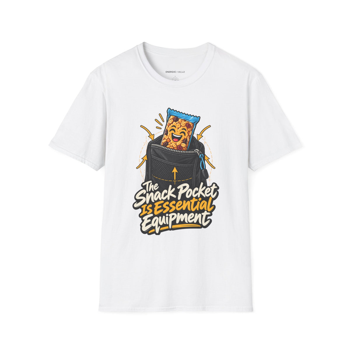 Graphic fitness T-shirt featuring the "The Snack Pocket Is Essential Equipment" design.
