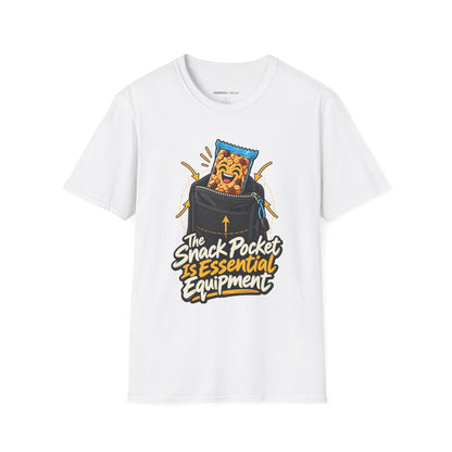 Graphic fitness T-shirt featuring the "The Snack Pocket Is Essential Equipment" design.