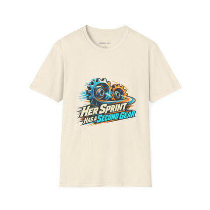 Graphic fitness T-shirt featuring the "Her Sprint Has a Second Gear" design.
