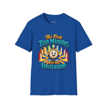Graphic fitness T-shirt featuring the "The First Ten Minutes Are an Invitation" design.