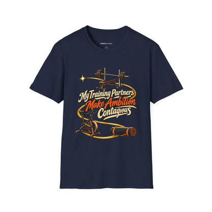 Graphic fitness T-shirt featuring the "My Training Partners Make Ambition Contagious" design.