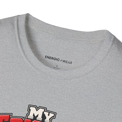 Graphic fitness T-shirt featuring the "My Triceps Finish What My Chest Starts" design.