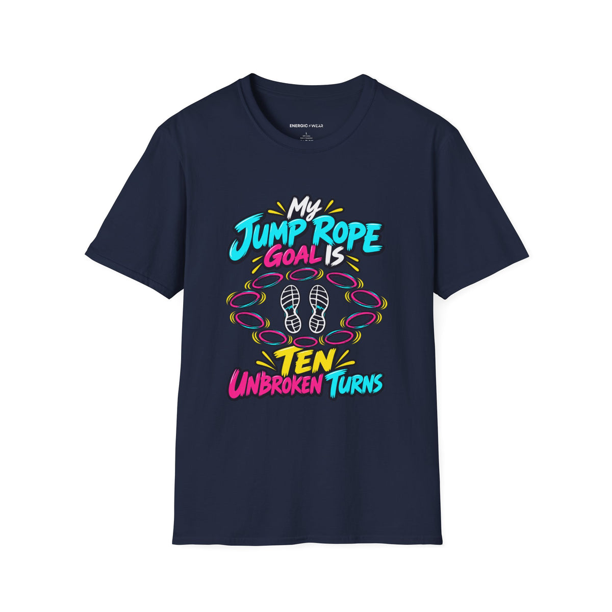 Graphic fitness T-shirt featuring the "My Jump Rope Goal Is Ten Unbroken Turns" design.