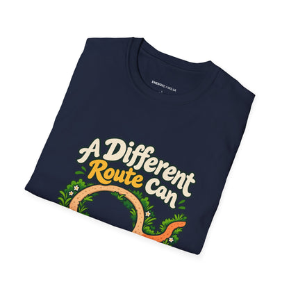 Graphic fitness T-shirt featuring the "A Different Route Can Refresh a Routine" design.