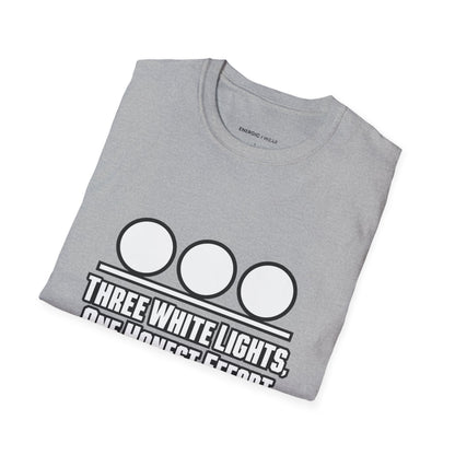 Graphic fitness T-shirt featuring the "Three White Lights One Honest Effort" design.