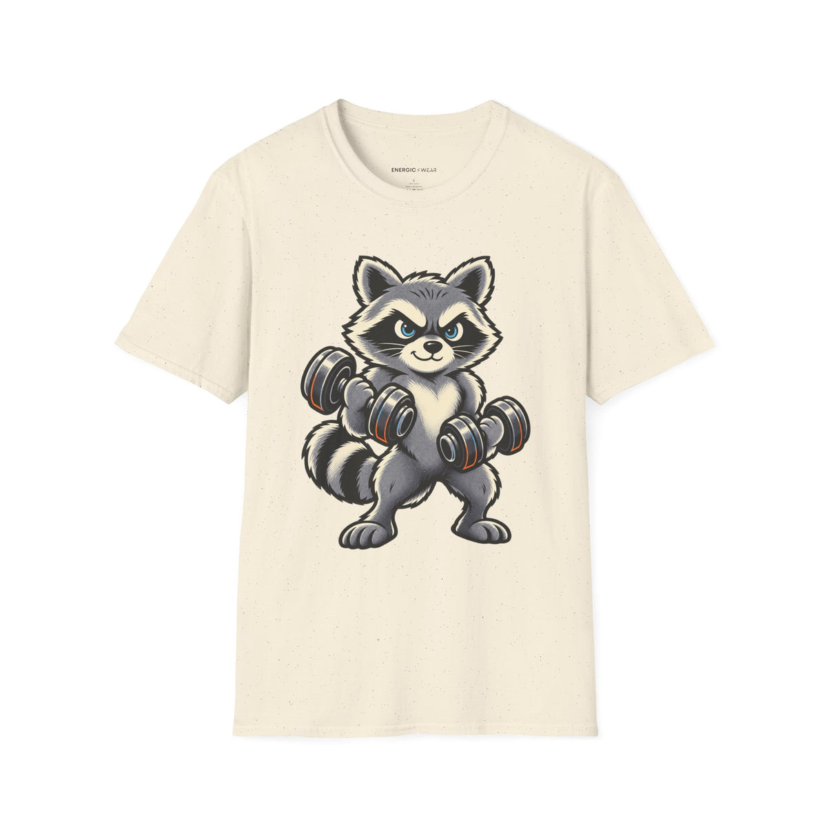 Graphic fitness T-shirt featuring the "Muscular Raccoon" design.