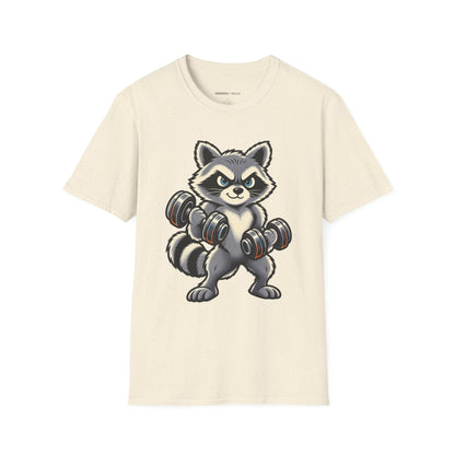 Graphic fitness T-shirt featuring the "Muscular Raccoon" design.