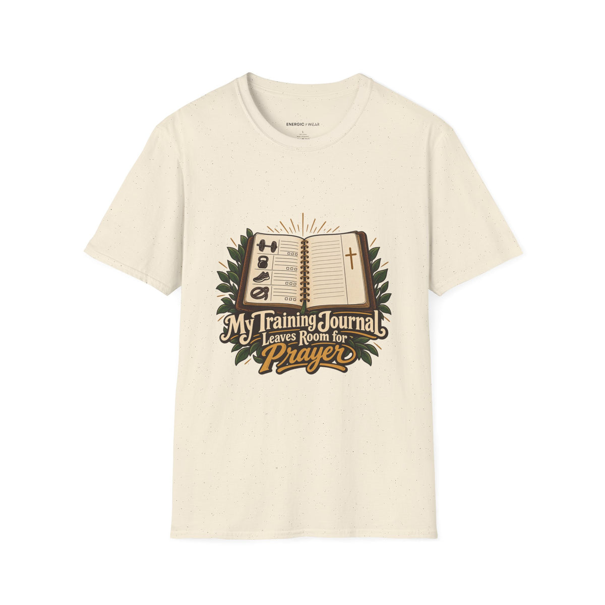 Graphic fitness T-shirt featuring the "My Training Journal Leaves Room for Prayer" design.