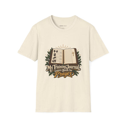 Graphic fitness T-shirt featuring the "My Training Journal Leaves Room for Prayer" design.