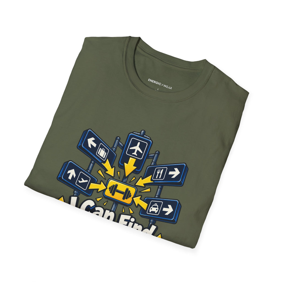 Graphic fitness T-shirt featuring the "I Can Find the Gym in Any Airport" design.