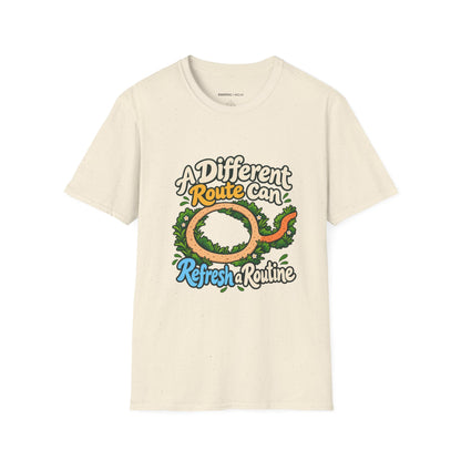 Graphic fitness T-shirt featuring the "A Different Route Can Refresh a Routine" design.
