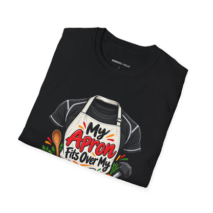 Graphic fitness T-shirt featuring the "My Apron Fits Over My Gym Clothes" design.