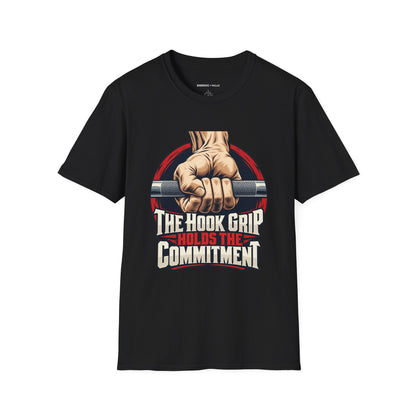 Graphic fitness T-shirt featuring the "The Hook Grip Holds the Commitment" design.