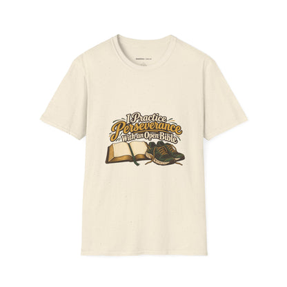 Graphic fitness T-shirt featuring the "I Practice Perseverance with an Open Bible" design.