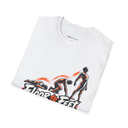 Graphic fitness T-shirt featuring the "Floor to Feet Is Progress Worth Celebrating" design.