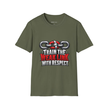 Graphic fitness T-shirt featuring the "Train the Weak Link With Respect" design.