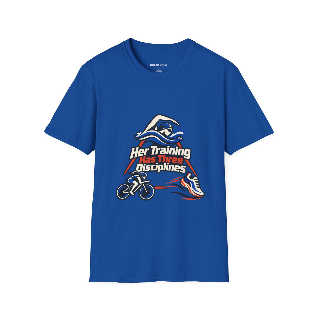 Graphic fitness T-shirt featuring the "Her Training Has Three Disciplines" design.