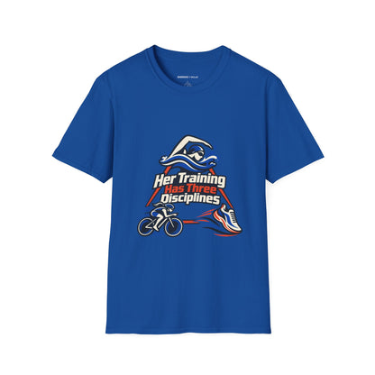 Graphic fitness T-shirt featuring the "Her Training Has Three Disciplines" design.