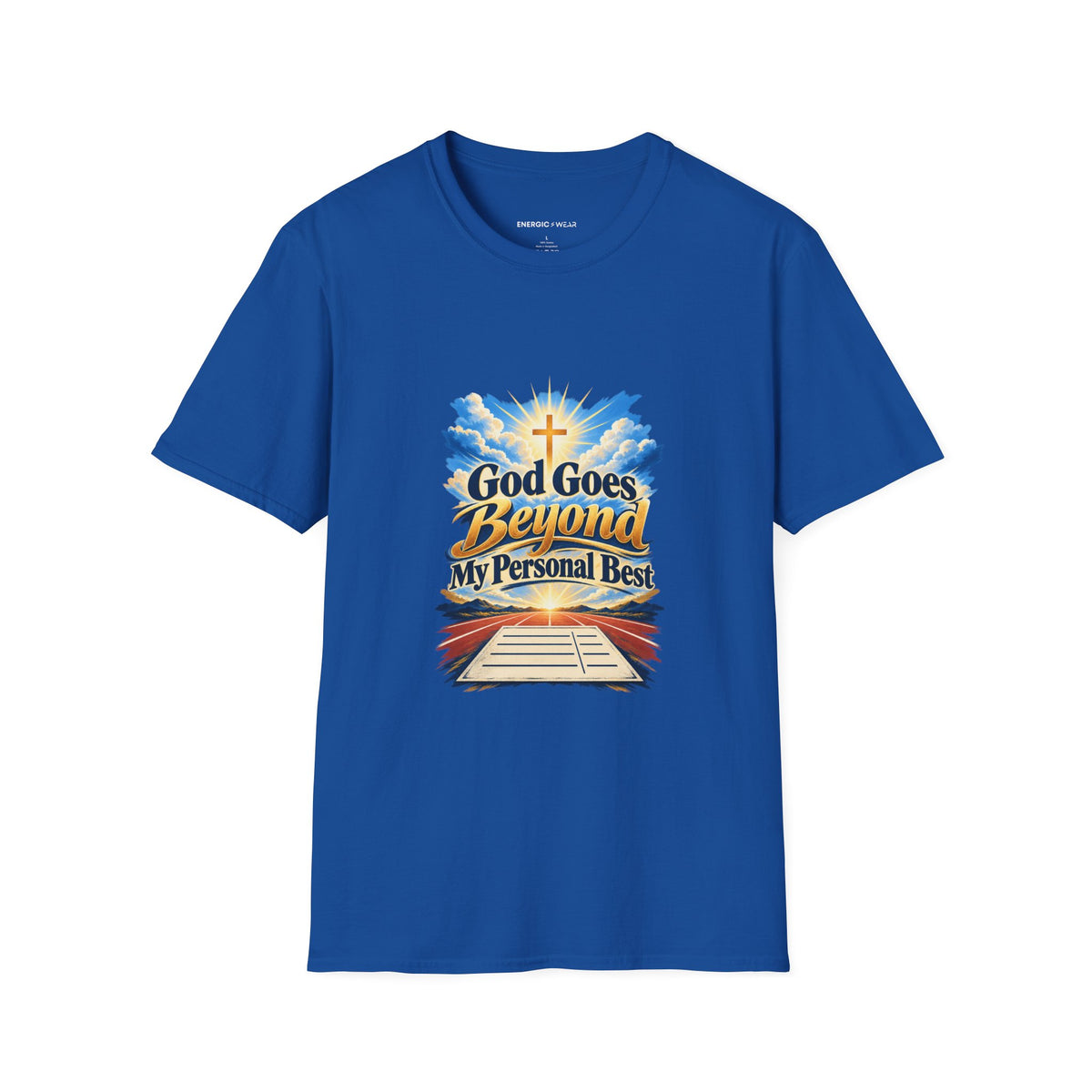 Graphic fitness T-shirt featuring the "God Goes Beyond My Personal Best" design.