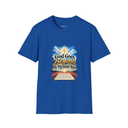 Graphic fitness T-shirt featuring the "God Goes Beyond My Personal Best" design.
