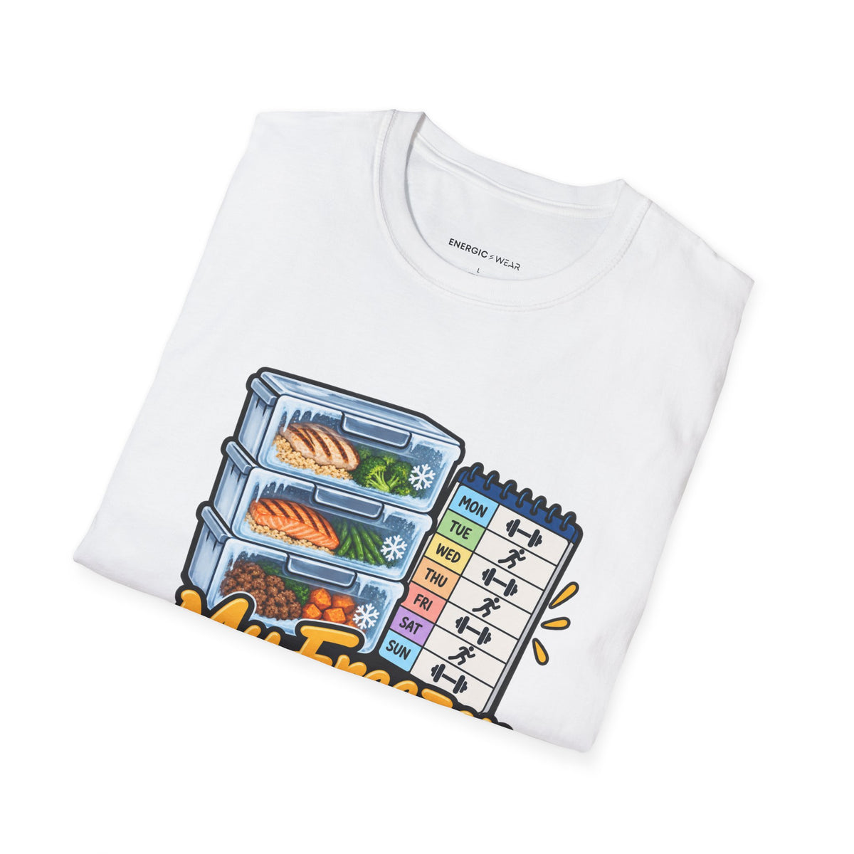 Graphic fitness T-shirt featuring the "My Freezer Is Part of the Training Plan" design.