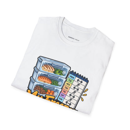 Graphic fitness T-shirt featuring the "My Freezer Is Part of the Training Plan" design.