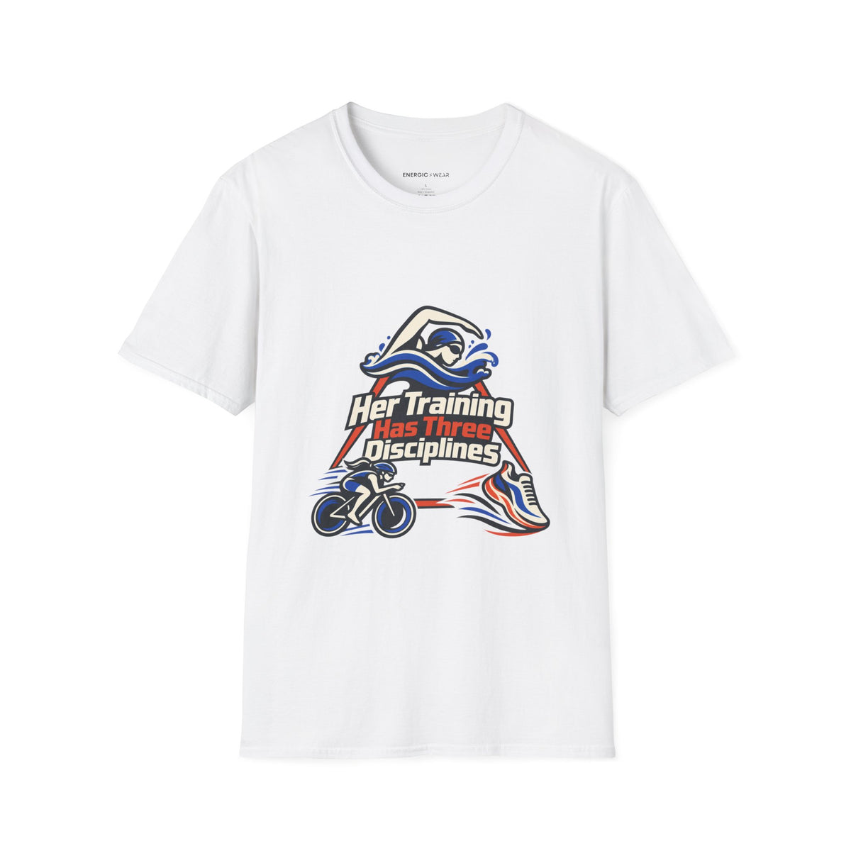 Graphic fitness T-shirt featuring the "Her Training Has Three Disciplines" design.