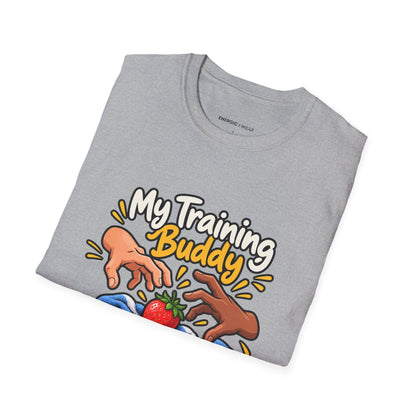 Graphic fitness T-shirt featuring the "My Training Buddy Stole the Last Strawberry" design.