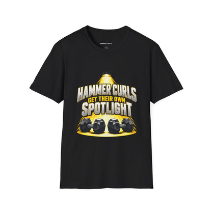 Graphic fitness T-shirt featuring the "Hammer Curls Get Their Own Spotlight" design.