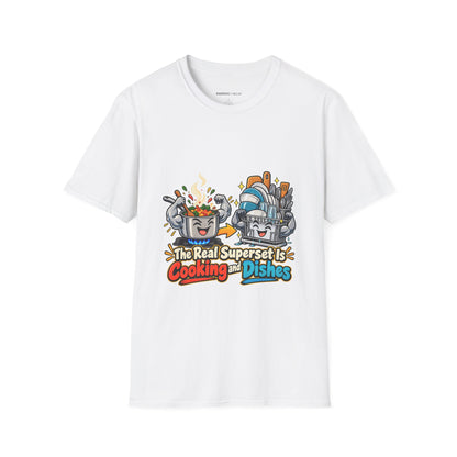 Graphic fitness T-shirt featuring the "The Real Superset Is Cooking and Dishes" design.