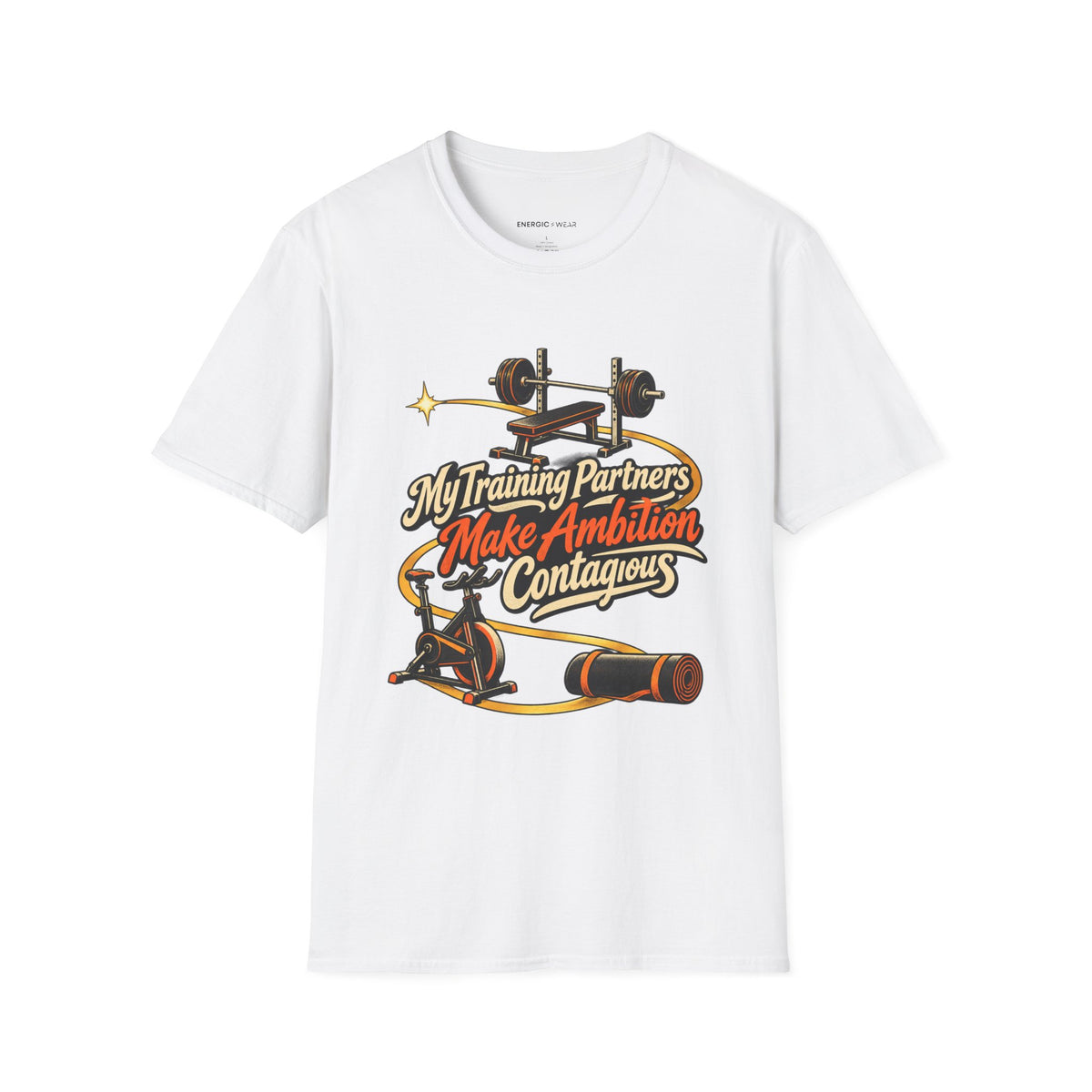 Graphic fitness T-shirt featuring the "My Training Partners Make Ambition Contagious" design.