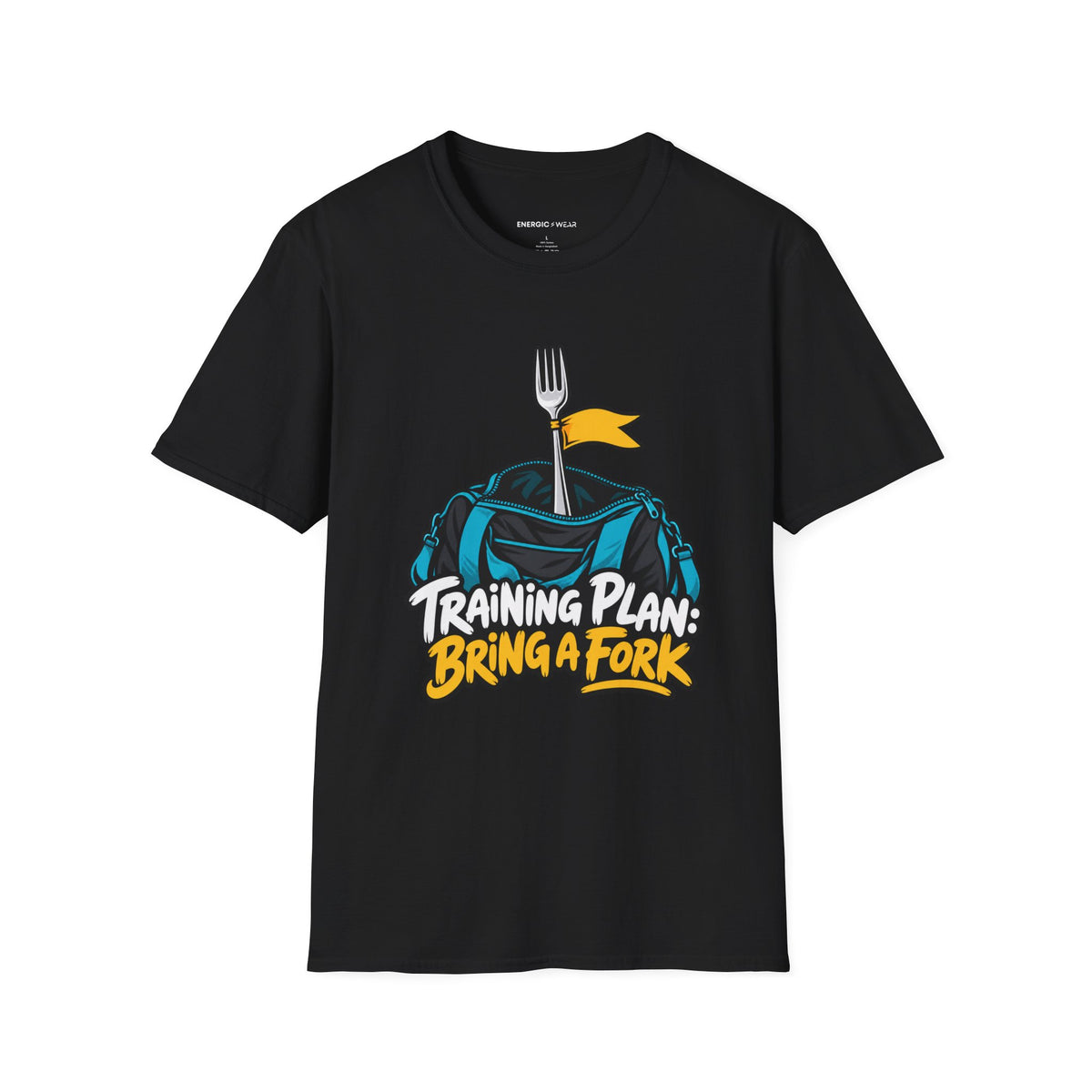Graphic fitness T-shirt featuring the "Training Plan Bring a Fork" design.
