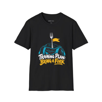 Graphic fitness T-shirt featuring the "Training Plan Bring a Fork" design.