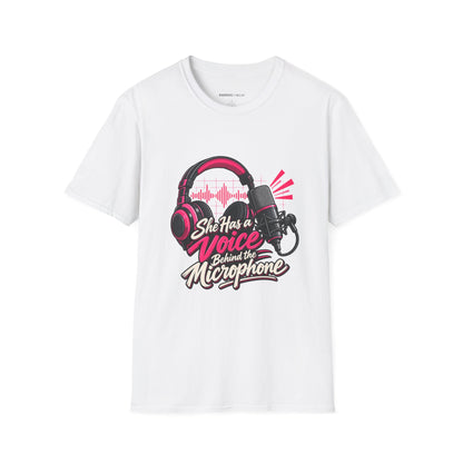 Graphic fitness T-shirt featuring the "She Has a Voice Behind the Microphone" design.