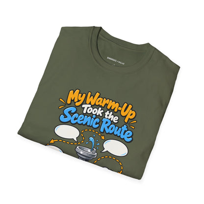 Graphic fitness T-shirt featuring the "My Warm-Up Took the Scenic Route" design.
