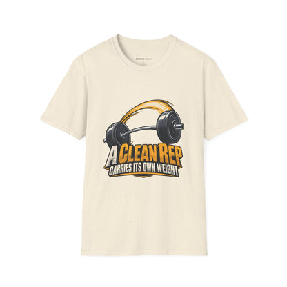 Graphic fitness T-shirt featuring the "A Clean Rep Carries Its Own Weight" design.