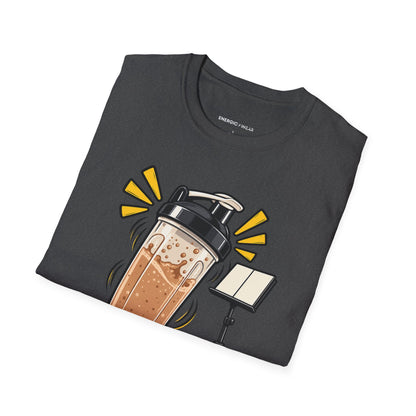 Graphic fitness T-shirt featuring the "My Protein Shaker Is a Percussion Instrument" design.