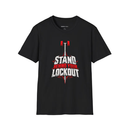 Graphic fitness T-shirt featuring the "Stand Behind Your Lockout" design.