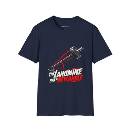 Graphic fitness T-shirt featuring the "The Landmine Has a New Angle" design.