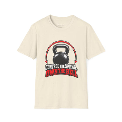 Graphic fitness T-shirt featuring the "Control the Swing Own the Bell" design.