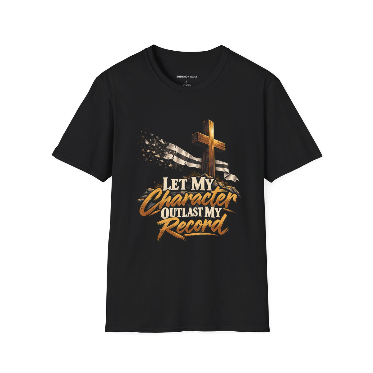 Graphic fitness T-shirt featuring the "Let My Character Outlast My Record" design.